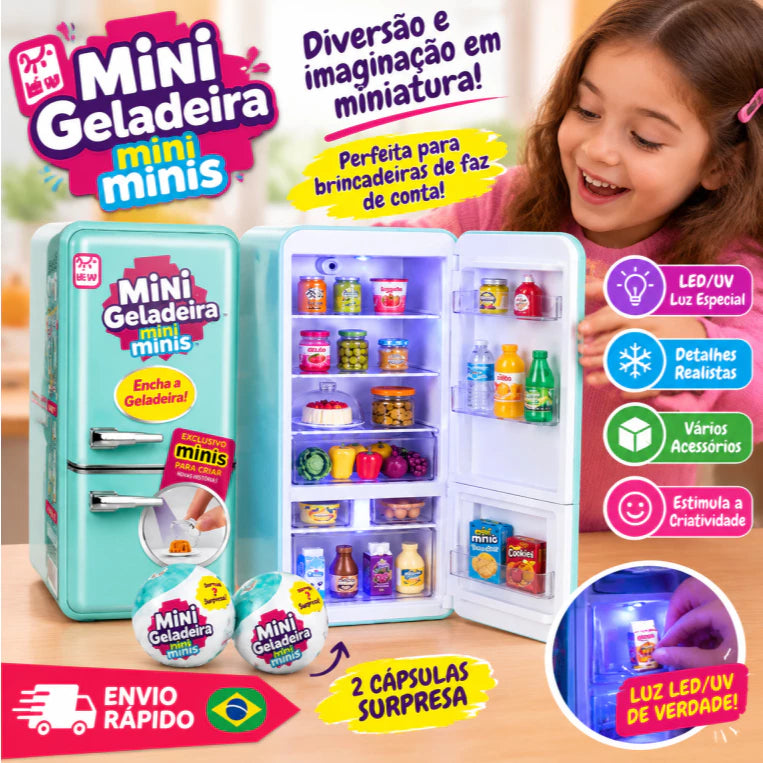 Mini Geladeira com luz LED, detalhes realistas e acessórios